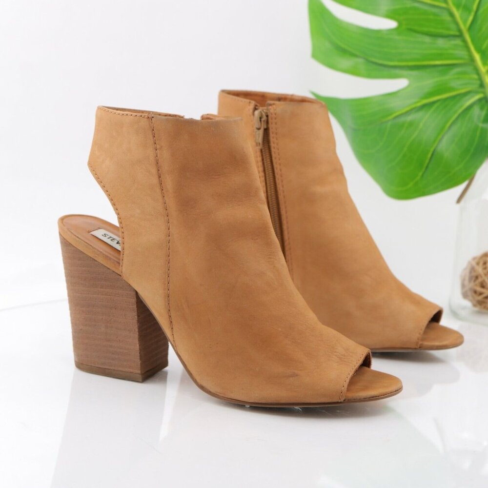 Steve Madden Womens Tulisa Boot Size 9 Tan Caramel Leather Open Toe Block Heel - Picture 1 of 12